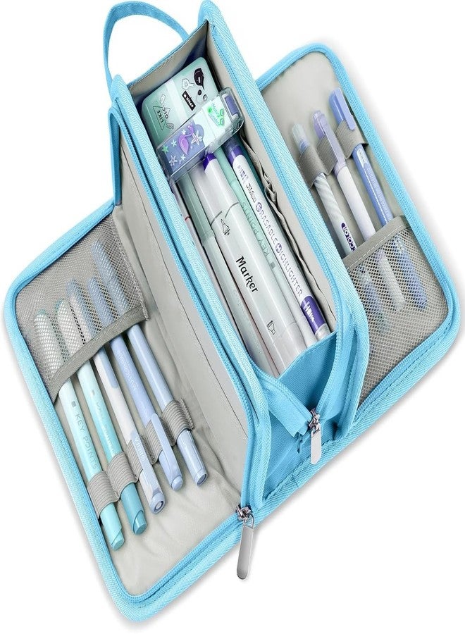 Zollyss Polyester Big Capacity Pencil Case High Large Storage Pouch Marker Pen Case Simple Stationery Bag School College Office Organizer for Teens Girls (Blue Checks) - Image 2